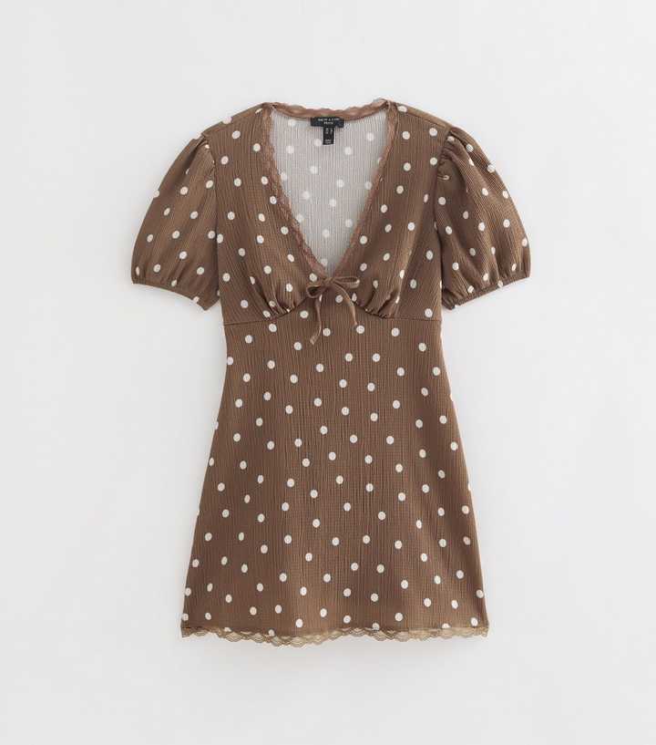 Petite Brown Crinkled Polka Dot Mini Dress