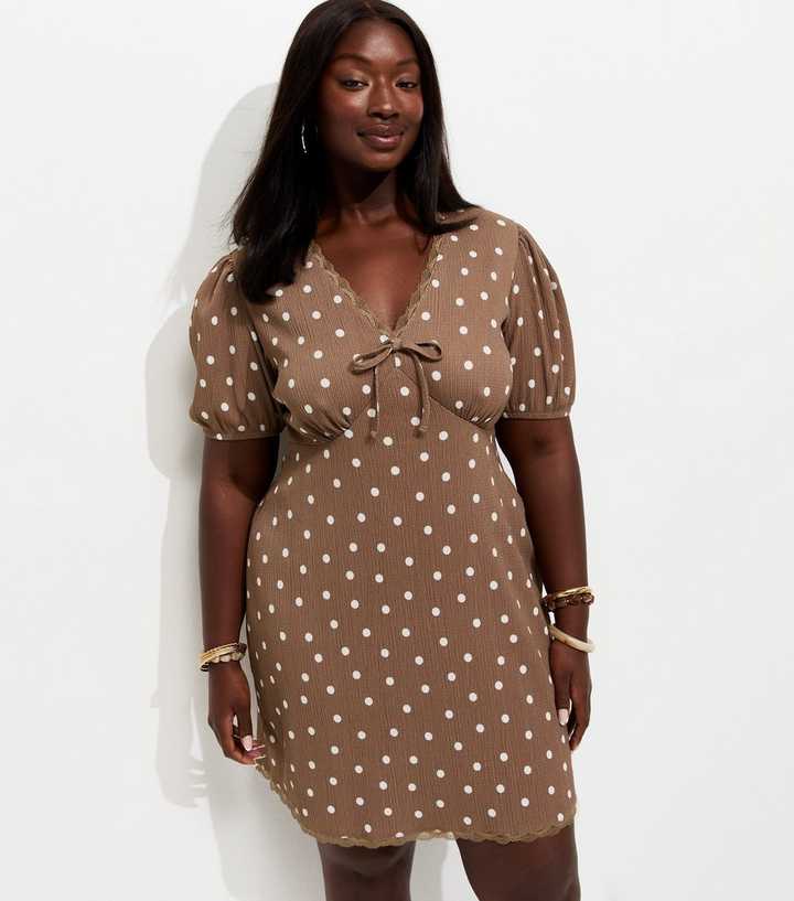 Curves Brown Crinkle Texture Spot Print Mini Dress