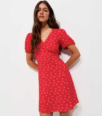 Petite Red Floral Dot Print V-Neck Mini Dress
