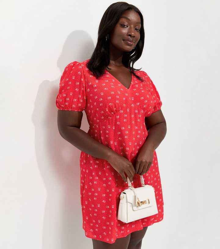 Curves Red Floral Short Sleeve Mini Dress