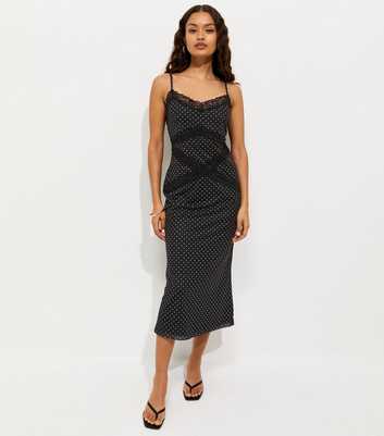 Petite Black Spot Print Lace Trim Mesh Midi Dress