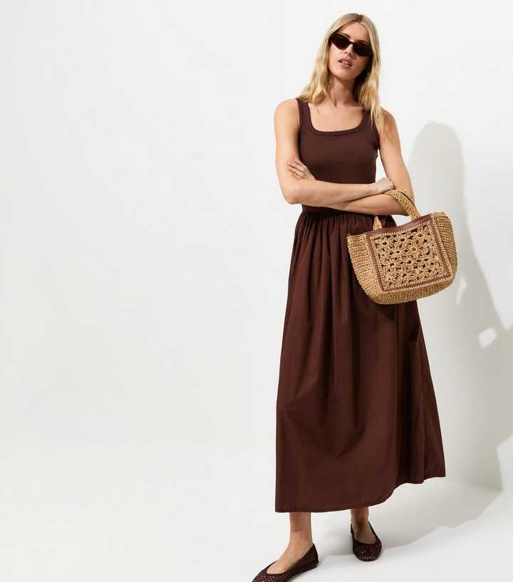 Tall Dark Brown Cotton 2 In 1 Poplin Midi Dress | New Look