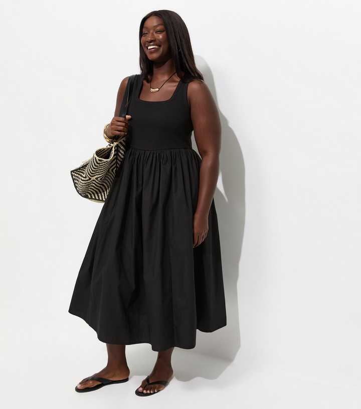 Curves Black 2-In-1 Poplin Midi Dress