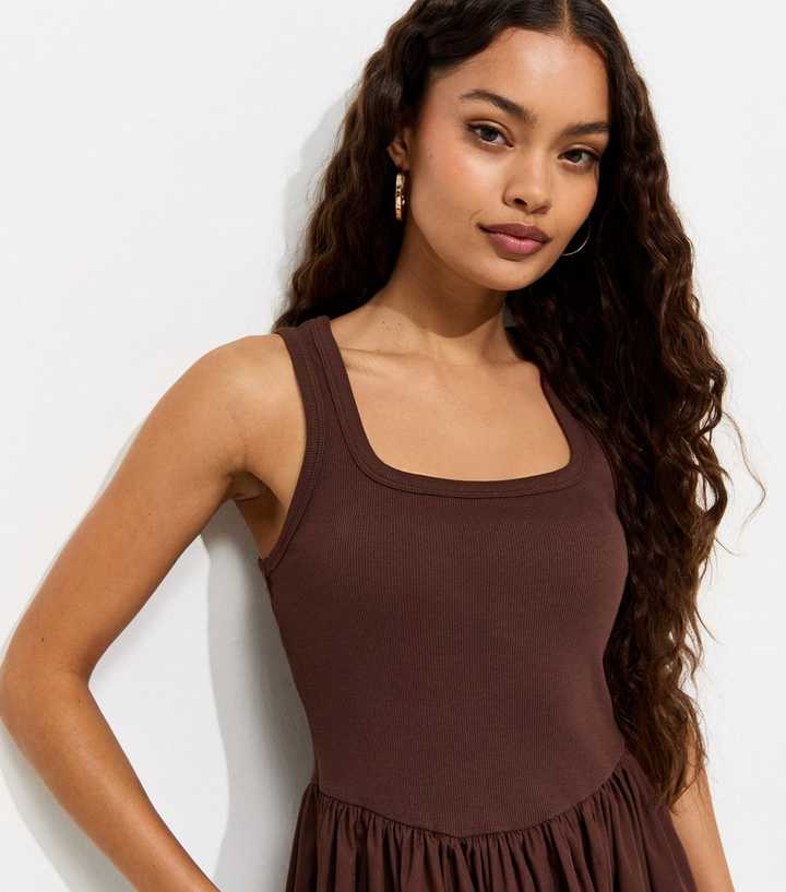 Petite Dark Brown Cotton 2 In 1 Poplin Midi Dress | New Look