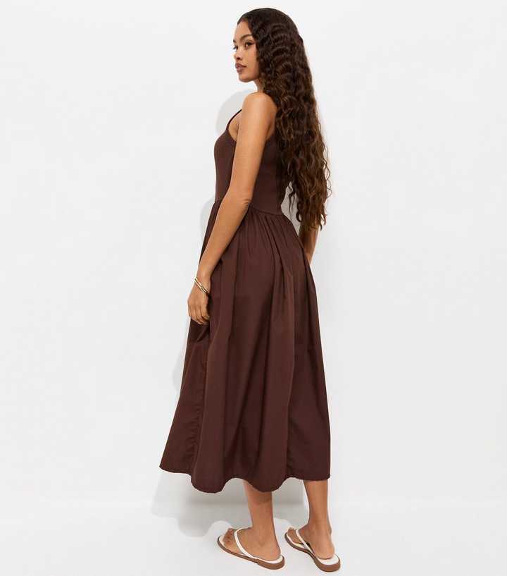 Petite Dark Brown Cotton 2 In 1 Poplin Midi Dress | New Look