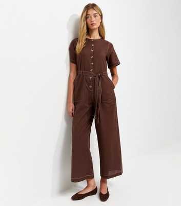Tall Dark Brown Contrast Stitch Button Jumpsuit