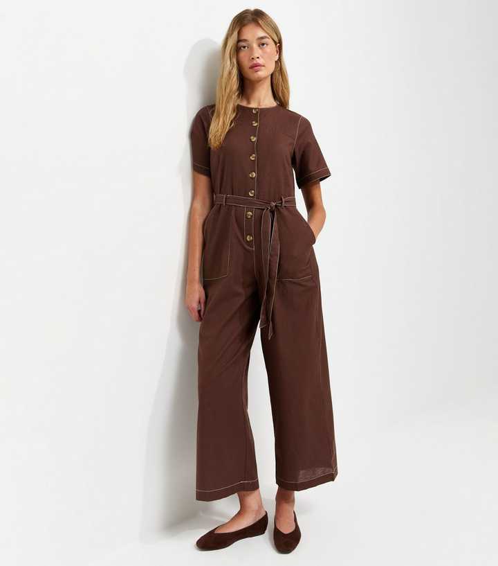 Tall Dark Brown Contrast Stitch Button Jumpsuit