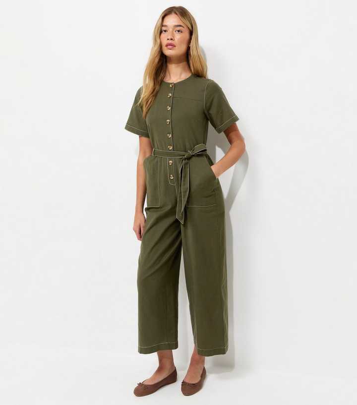 Tall Dark Khaki Contrast Stitch Button Jumpsuit