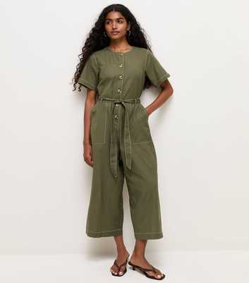 Petite Dark Khaki Cotton Rich Contrast Stitch Buttoned Jumpsuit