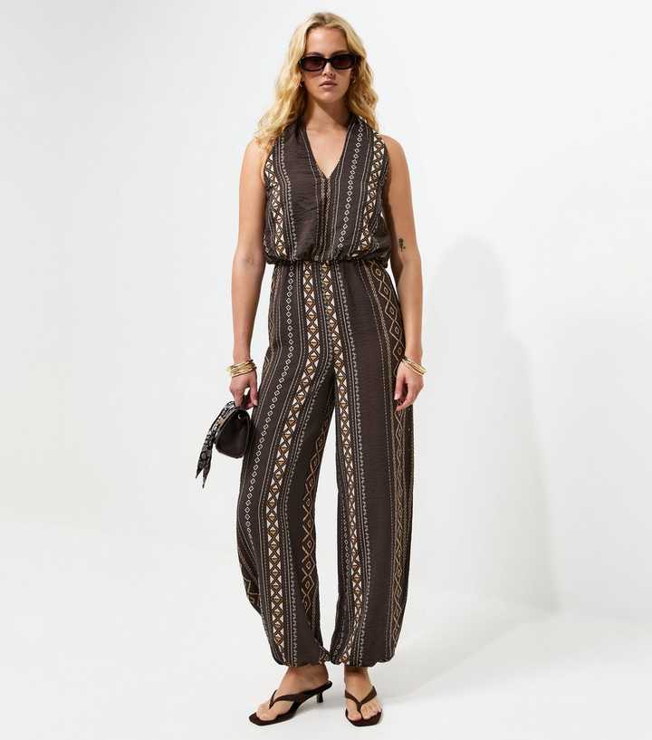 Tall Brown Geometric Halter Jumpsuit