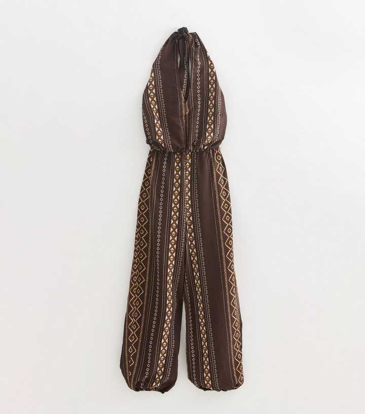 Tall Brown Geometric Halter Jumpsuit