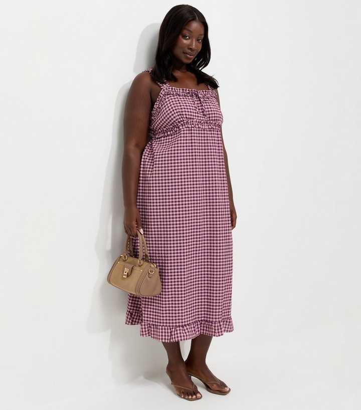 Curves Pink Frilly Gingham Midi Dress