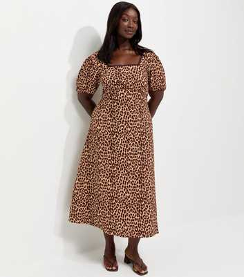 Curves Brown Animal Print Square Neck Midi Dress
