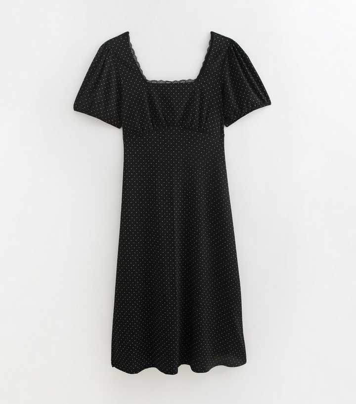 Curves Black Spotty Square Neck Midi Dress