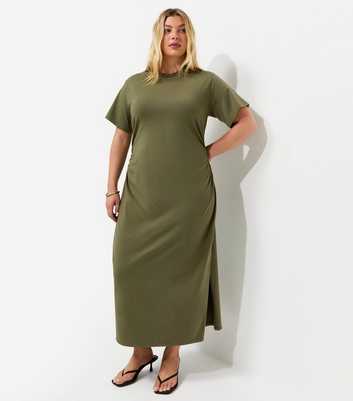 Curves Dark Khaki Cotton Rich Ruched T-Shirt Midi Dress