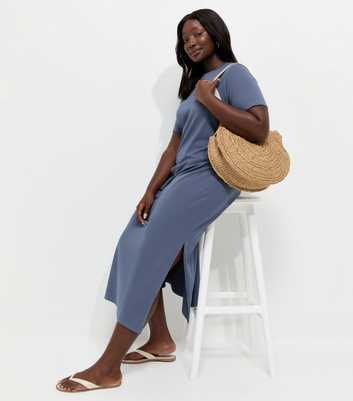 Curves Navy Cotton Rich Ruched T-Shirt Midi Dress