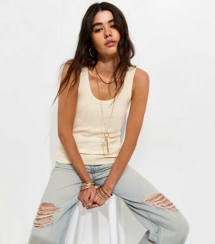 Cream Cotton Rich Ribbed Scoop Neck Vest Top