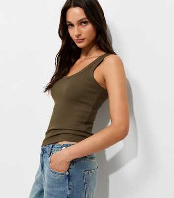 Dark Green Cotton Rich Ribbed Scoop Neck Vest Top