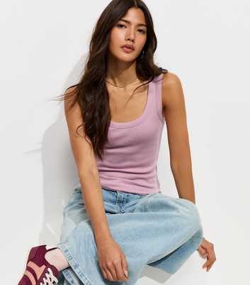 Pink Cotton Rich Ribbed Scoop Neck Vest Top