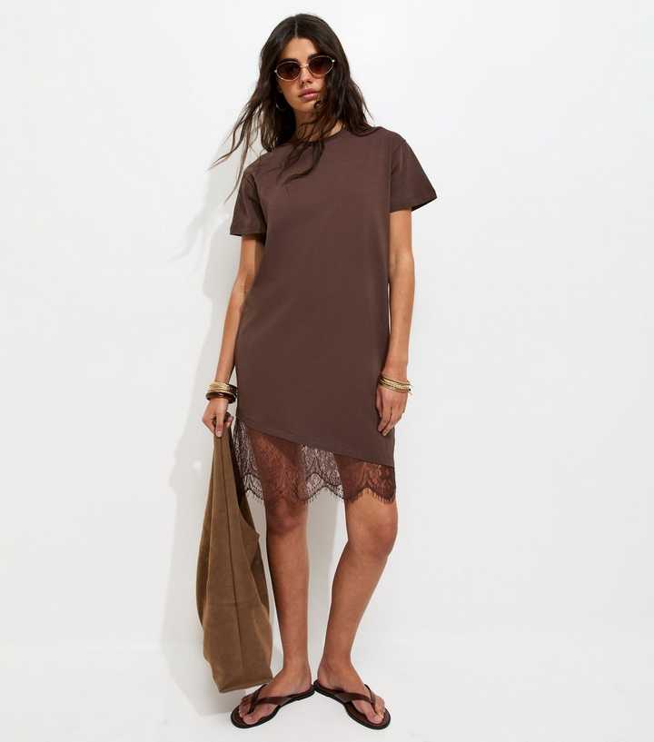 Dark Brown Cotton Asymmetric Lace Hem Mini Dress