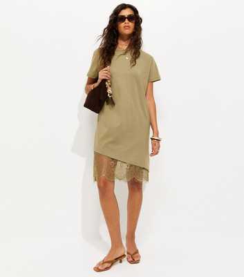 Dark Khaki Cotton Asymmetric Lace Hem Mini Dress