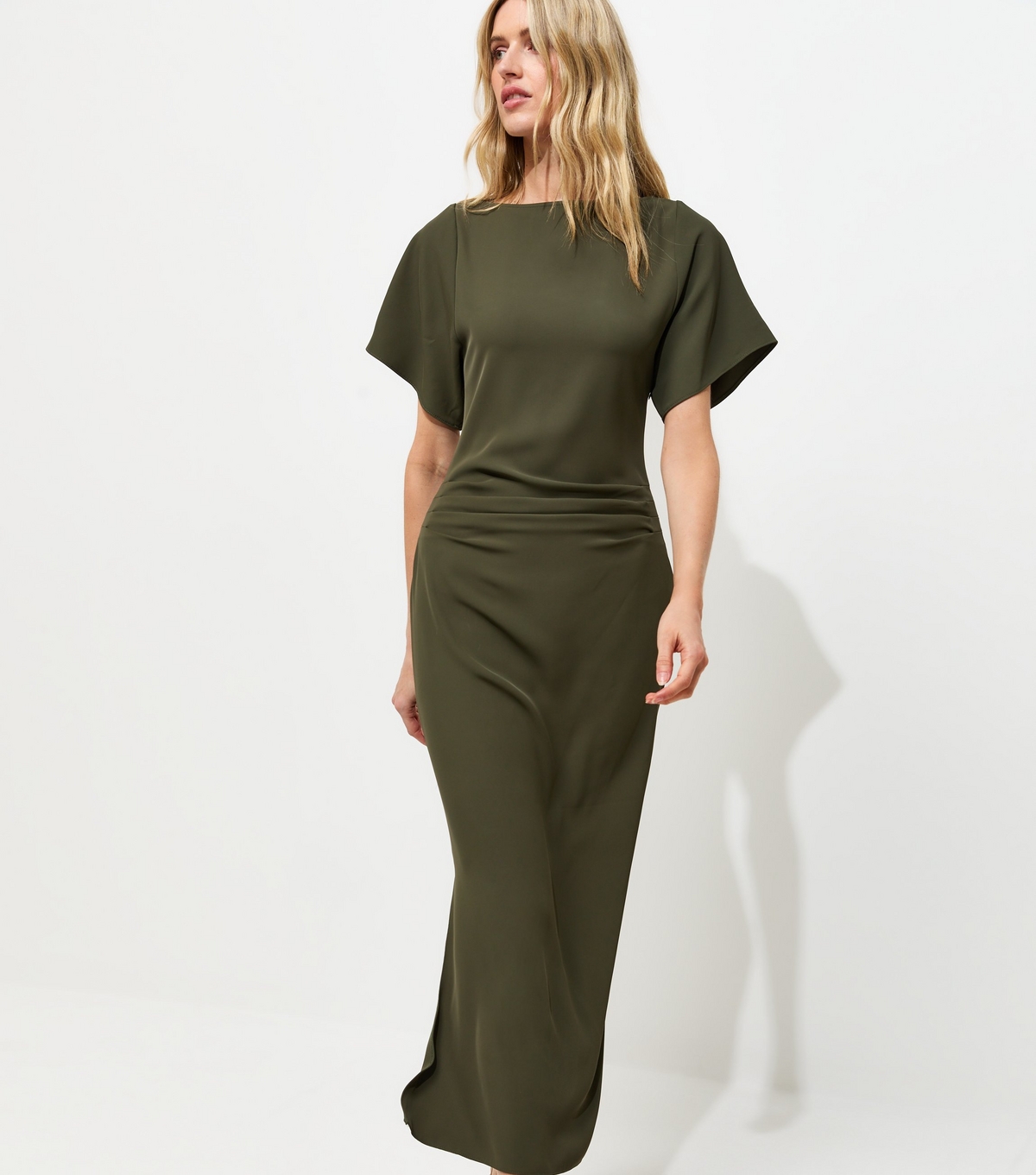 Women's Tall Dark Khaki Slash Neck Ruched Side Midi Dress New Look