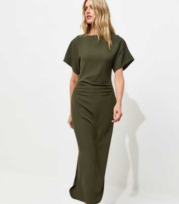Tall Dark Khaki Slash Neck Ruched Side Midi Dress