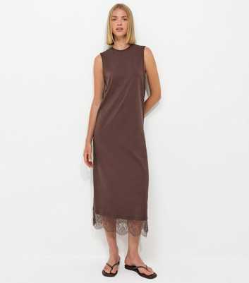Dark Brown Cotton Sleeveless Lace Hem T-Shirt Midi Dress