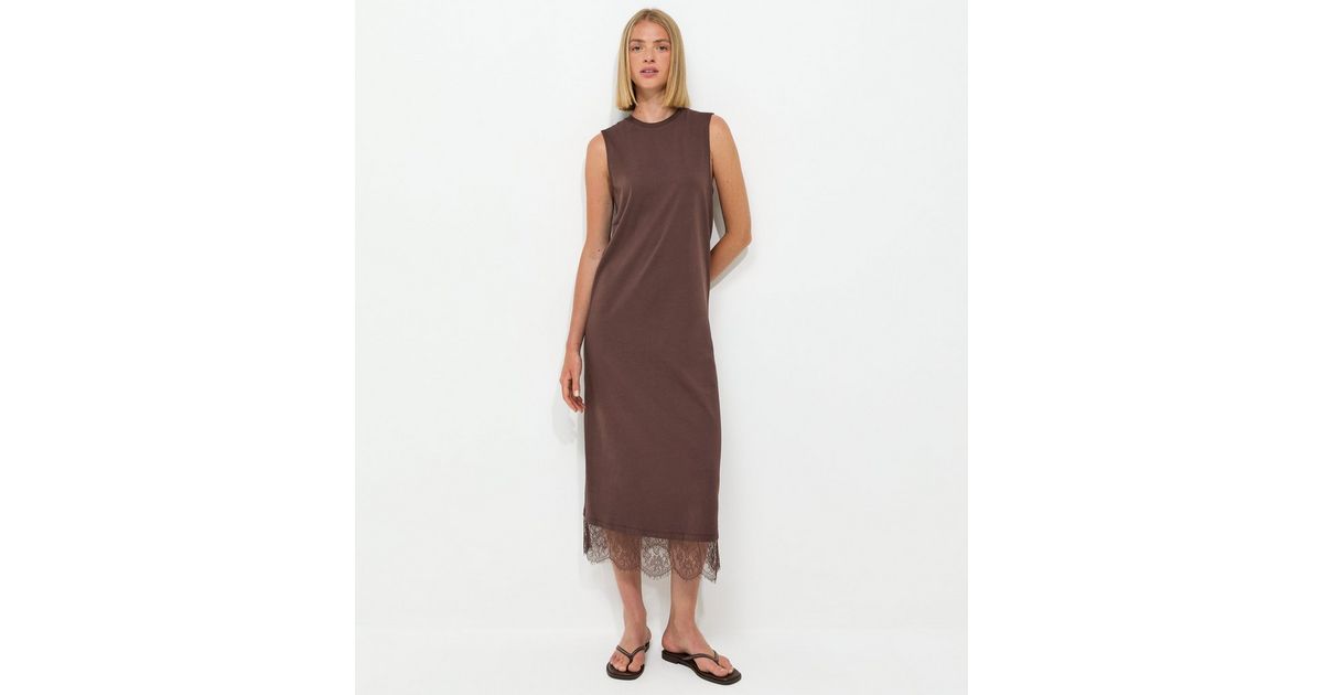 Dark Brown Cotton Sleeveless Lace Hem T-Shirt Midi Dress