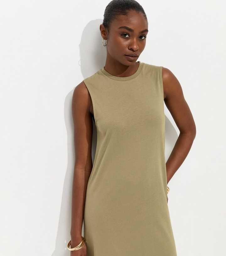 Dark Khaki Cotton Sleeveless Lace Hem T-Shirt Midi Dress | New Look Dark Khaki Cotton Sleeveless Lace Hem T-Shirt Midi Dress | New Look