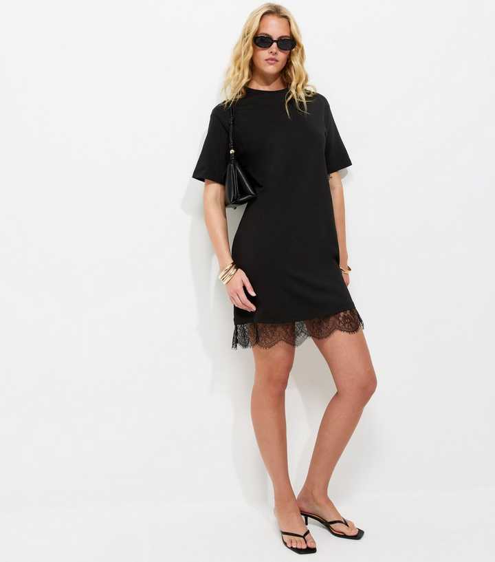 Tall Black Cotton Lace Trim T Shirt Dress