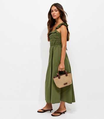 Petite Dark Khaki Cotton Tie Back Shirred Midi Dress