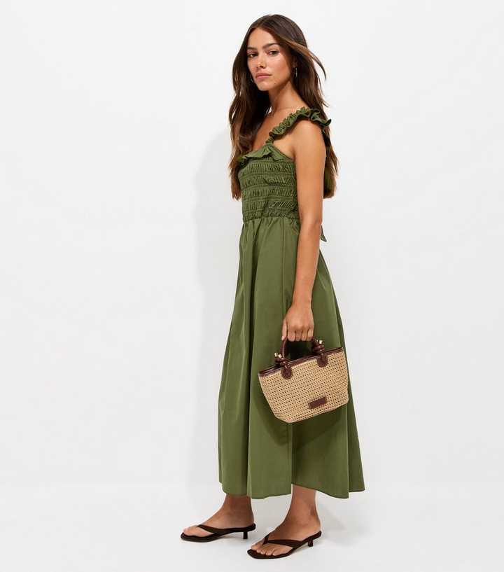 Petite Dark Khaki Cotton Tie Back Shirred Midi Dress