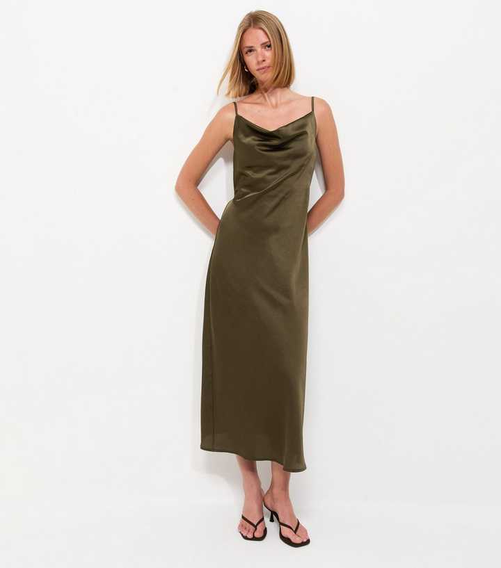 Dark Khaki Satin Cowl Neck Strappy Midi Dress
