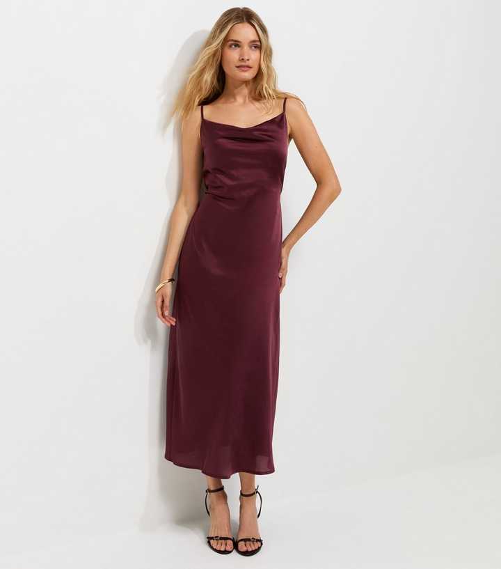Dark Burgundy Satin Cowl Neck Strappy Midi Dress