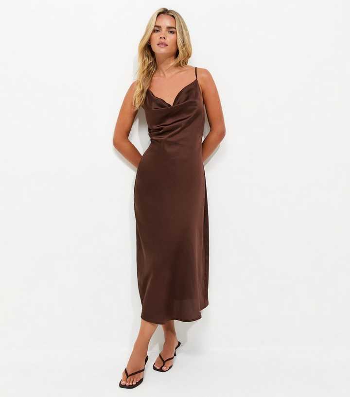 Petite Dark Brown Satin Cowl Neck Strappy Midi Dress