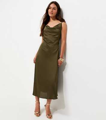 Petite Dark Khaki Satin Cowl Neck Strappy Midi Dress