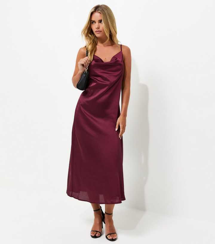 Petite Dark Burgundy Satin Cowl Neck Strappy Midi Dress
