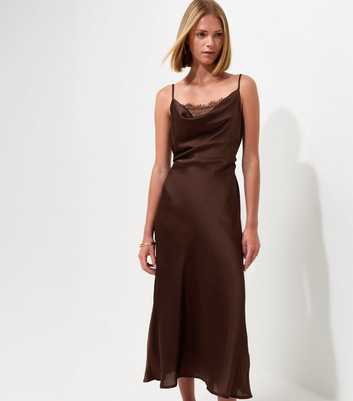 Dark Brown Satin Lace Cowl Neck Strappy Midi Dress