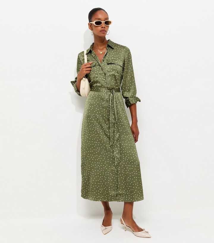 green satin polka dot dress Midi Shirt Zara