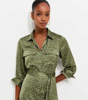 Green Satin Polka Dot Midi Shirt Dress
