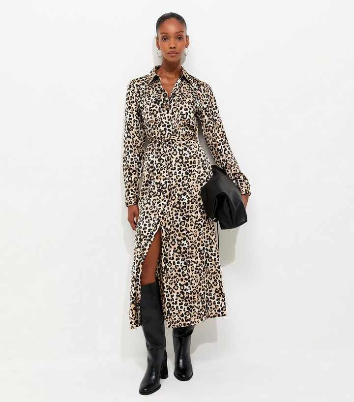 Brown Leopard Print Satin Midi Shirt Dress