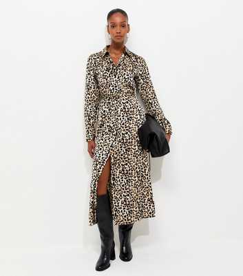 Brown Leopard Print Satin Midi Shirt Dress
