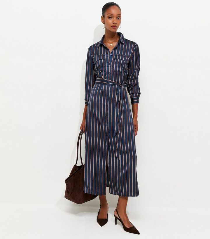 Blue Satin Striped Midi Shirt Dress