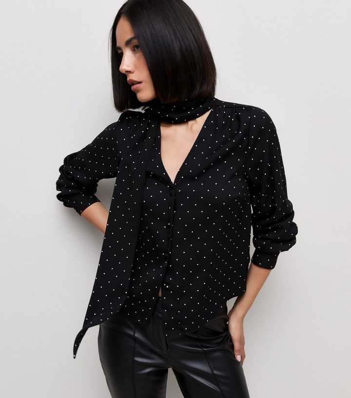 Black Woven Spot Print Pussybow Blouse