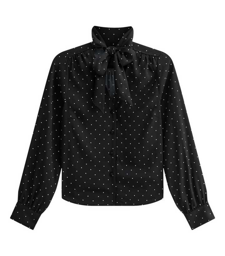 Black Woven Spot Print Pussybow Blouse