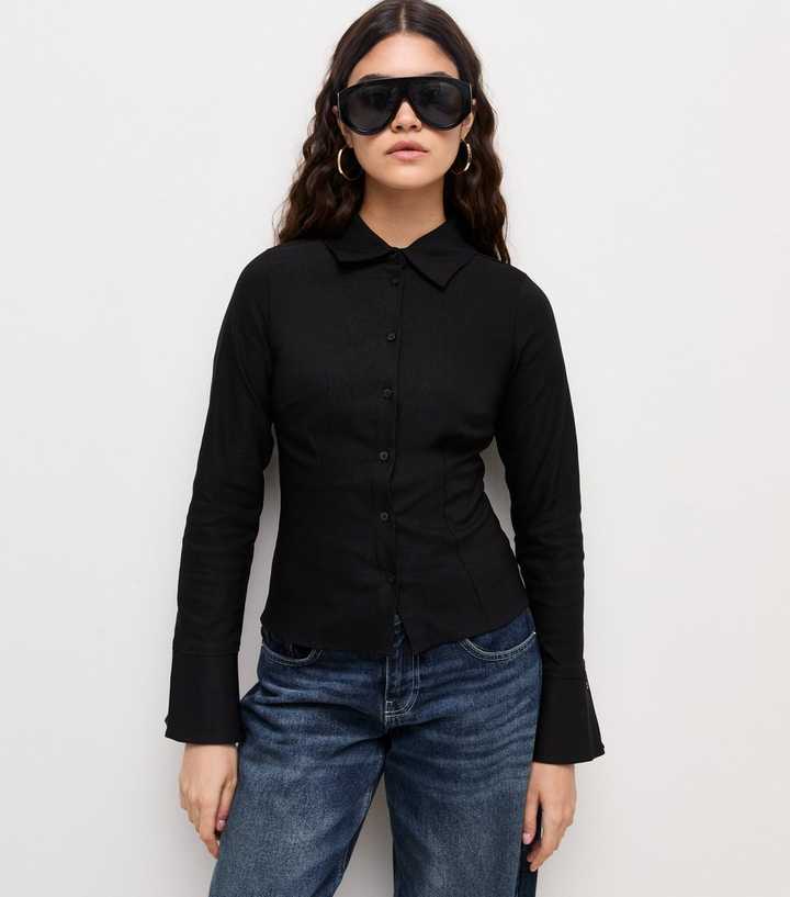 Black Woven Fitted Flared Cuff Shirt