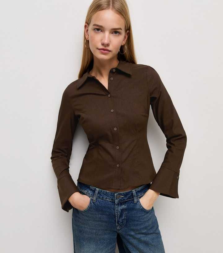 Dark Brown Woven Fitted Flared Cuff Shirt