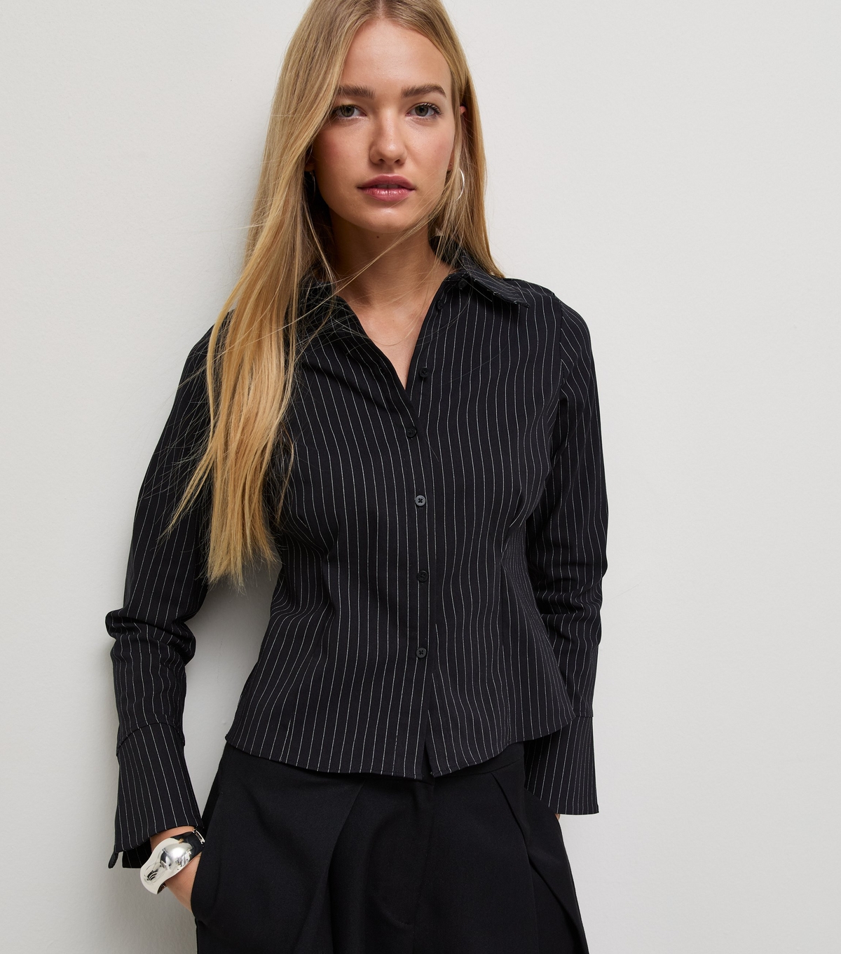 Women's Black Pinstripe Fitted Long Sleeve Shirt New Look