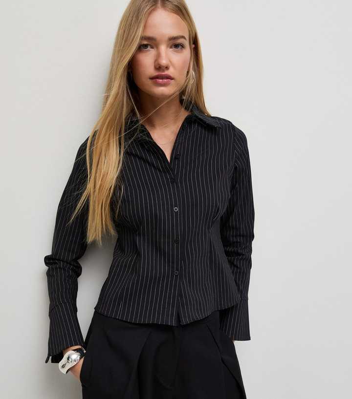 Black Pinstripe Fitted Long Sleeve Shirt
